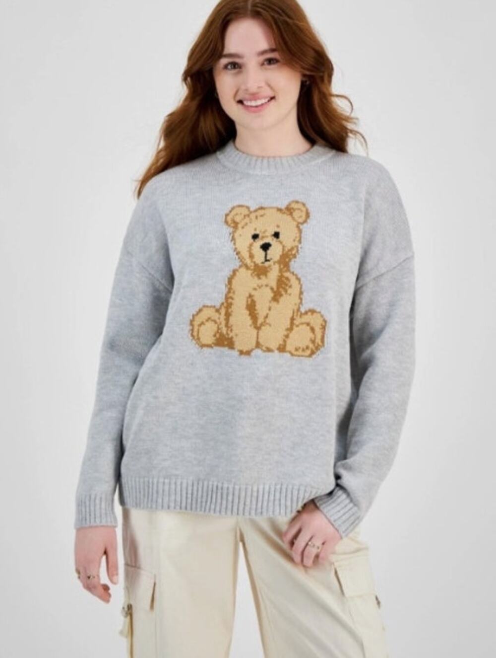 Just Polly NWT Gray Teddy Bear Long Sleeve Pullover Sweater Size XS